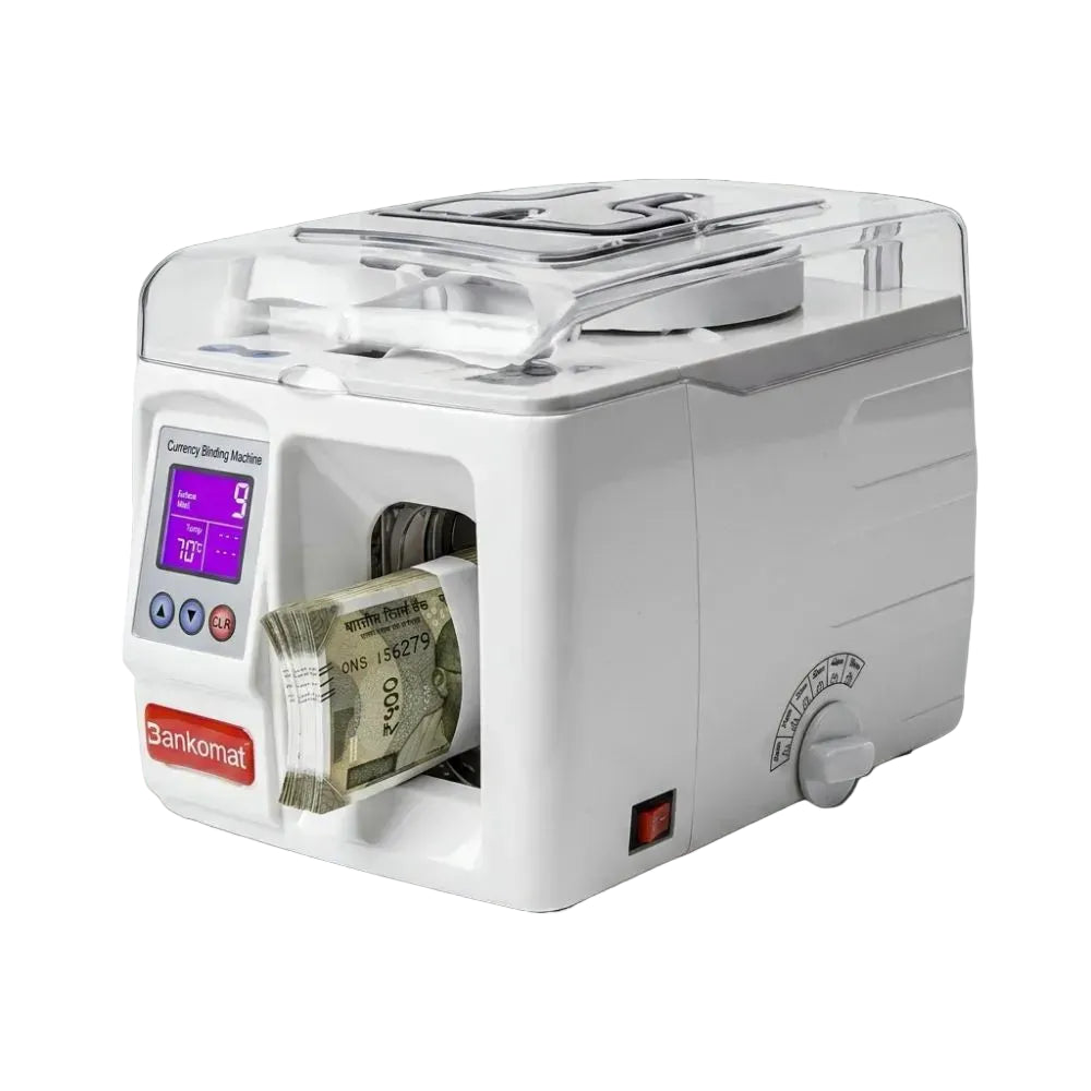 A white Bankomat currency counting machine with a digital display screen, a clear top lid, and a stack of banknotes emerging from the front slot, set against a clean white background.