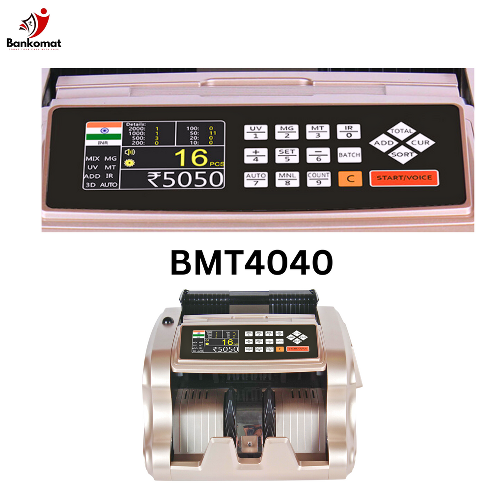 Bankomat BMT4040 currency counting machine with digital display showing 16 pieces and ₹5050 total, featuring multi-function control panel
