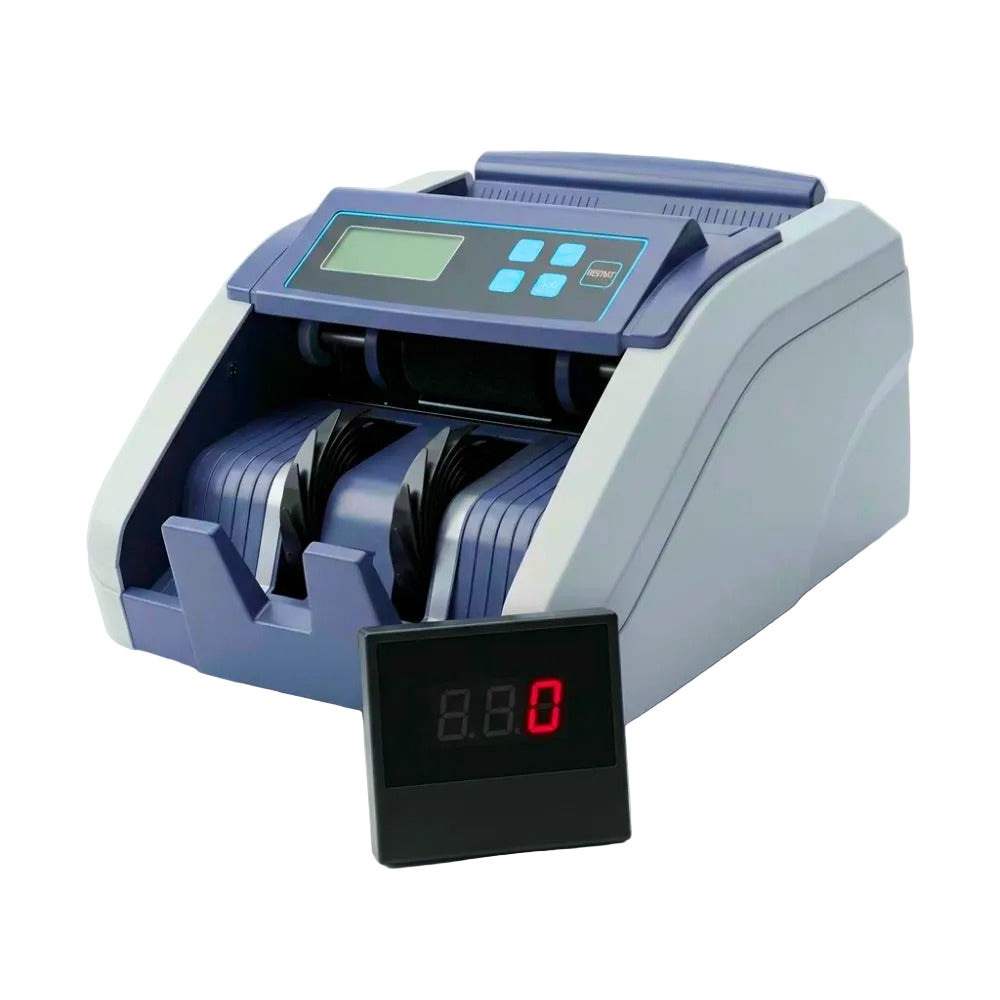Currency counting machine with digital display on a white background