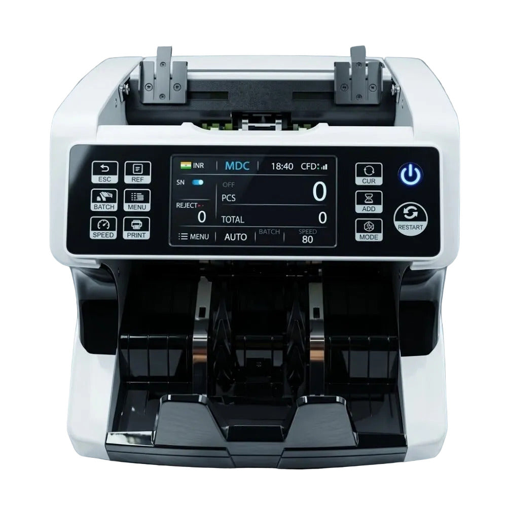 Currency counting machine with digital display on a gray background