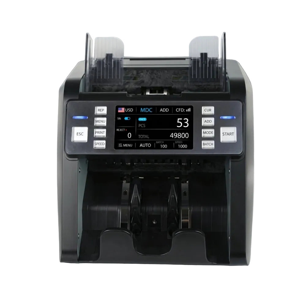 Currency counting machine with digital display on a gray background