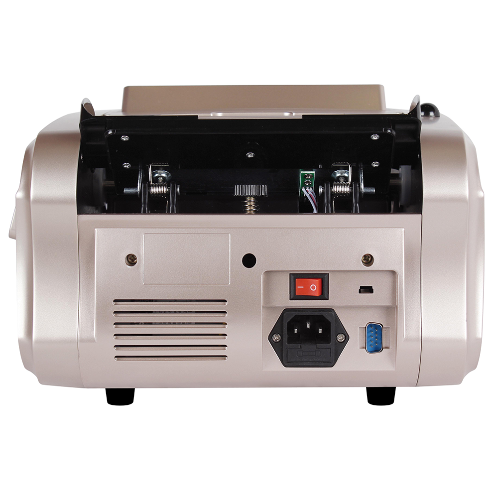 Back view of gold-colored cash counting machine with power switch, power socket, and data port
