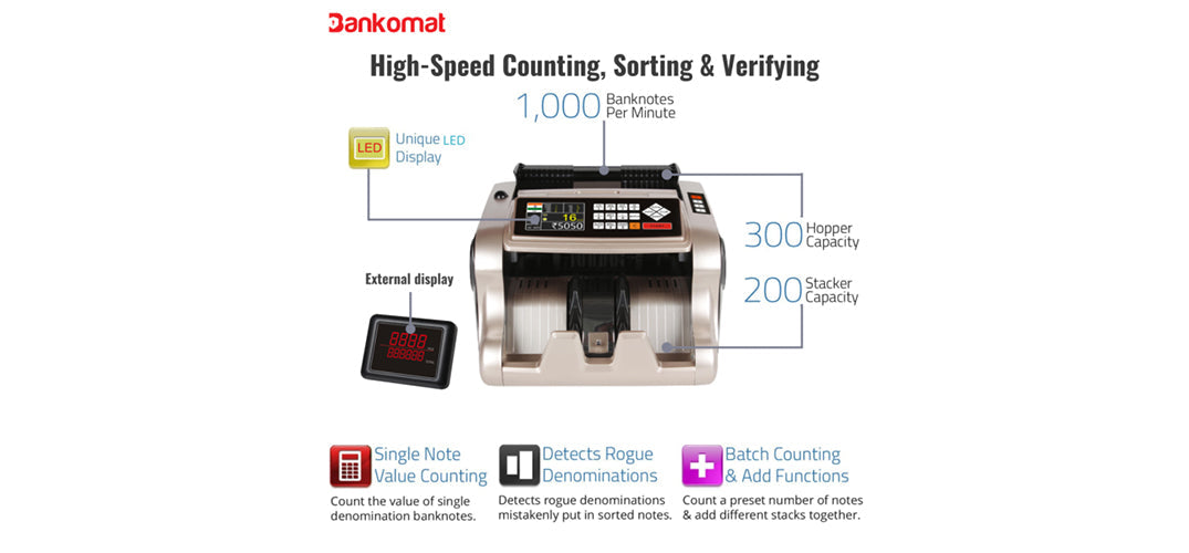 Bankomat high-speed cash counting machine with LED display, sorting, verifying 1000 banknotes per minute