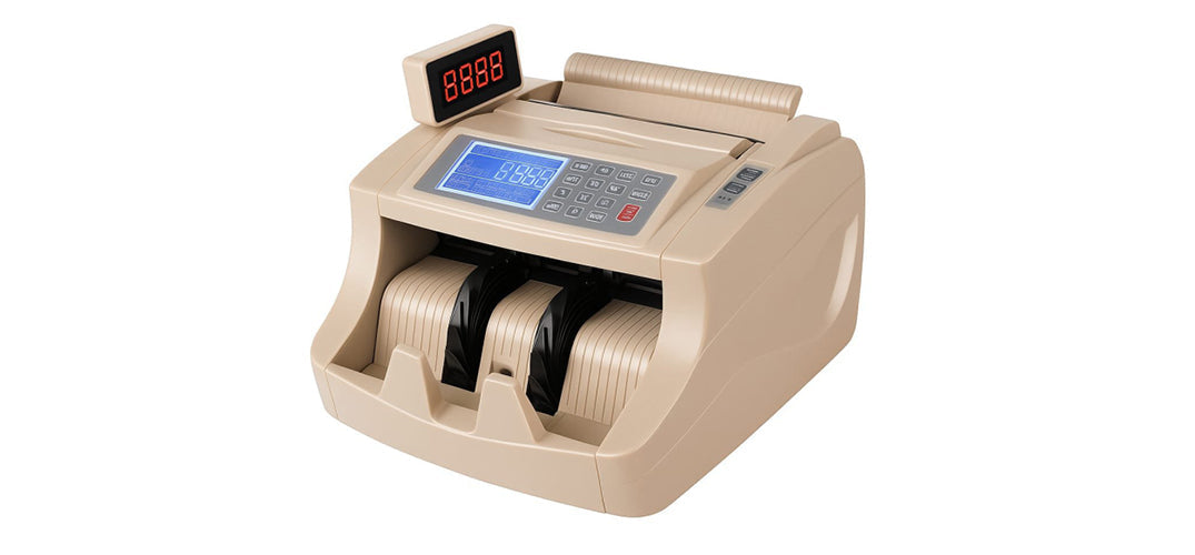 Beige cash counting machine with digital display and keypad, used for accurate banknote counting