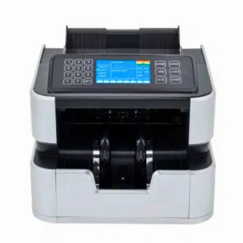 White and black cash counting machine with digital keypad and display screen for banks
