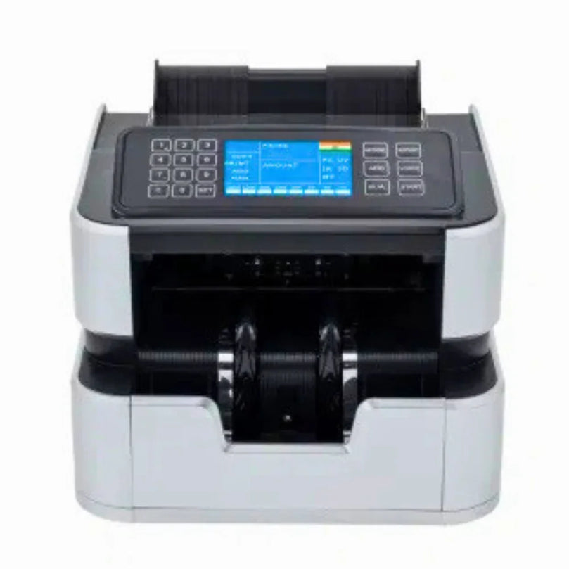 White and black cash counting machine with digital keypad and display screen for banks