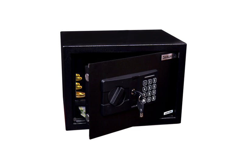 Black Bankomat electronic safe with keypad and key lock, partially open showing stacked gold coins and currency notes inside