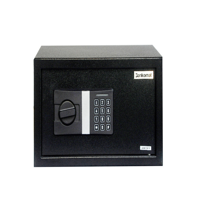 Black electronic safe box with digital keypad and handle, branded Bankomat for secure storage