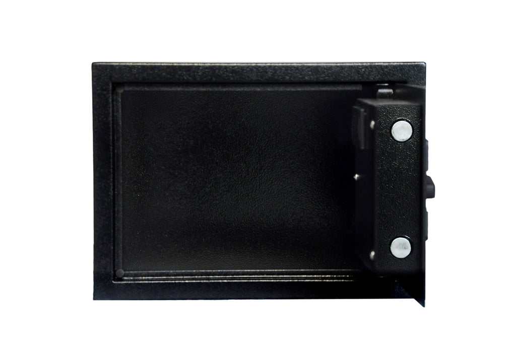 Open empty black steel safe box with secure locking bolts on right side