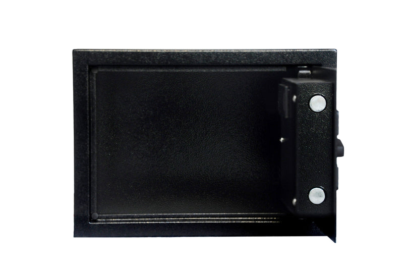 Open empty black steel safe box with secure locking bolts on right side