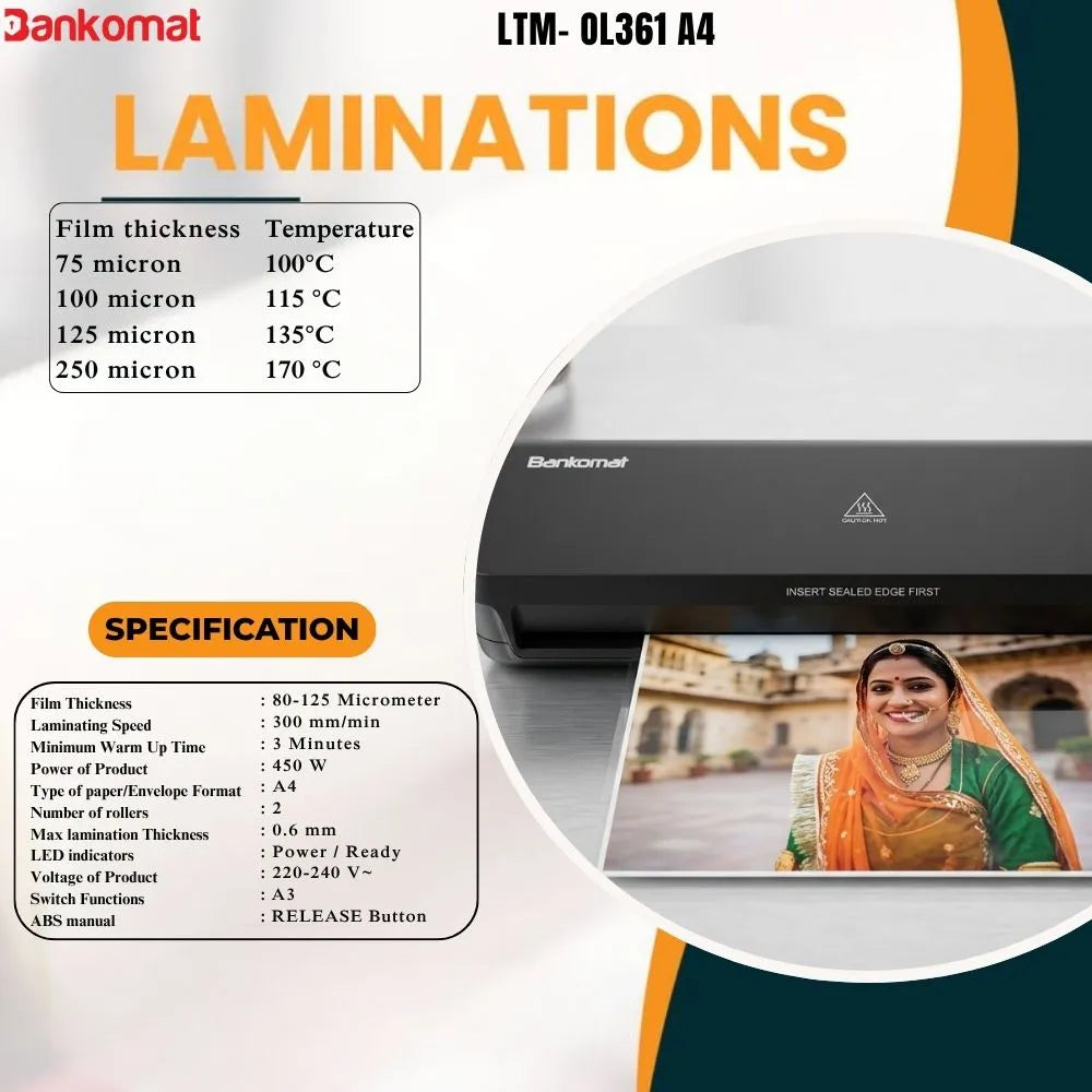 Bankomat A4 Thermal Laminator Machine | Fast Warm-Up, Jam-Free, Photo Safe