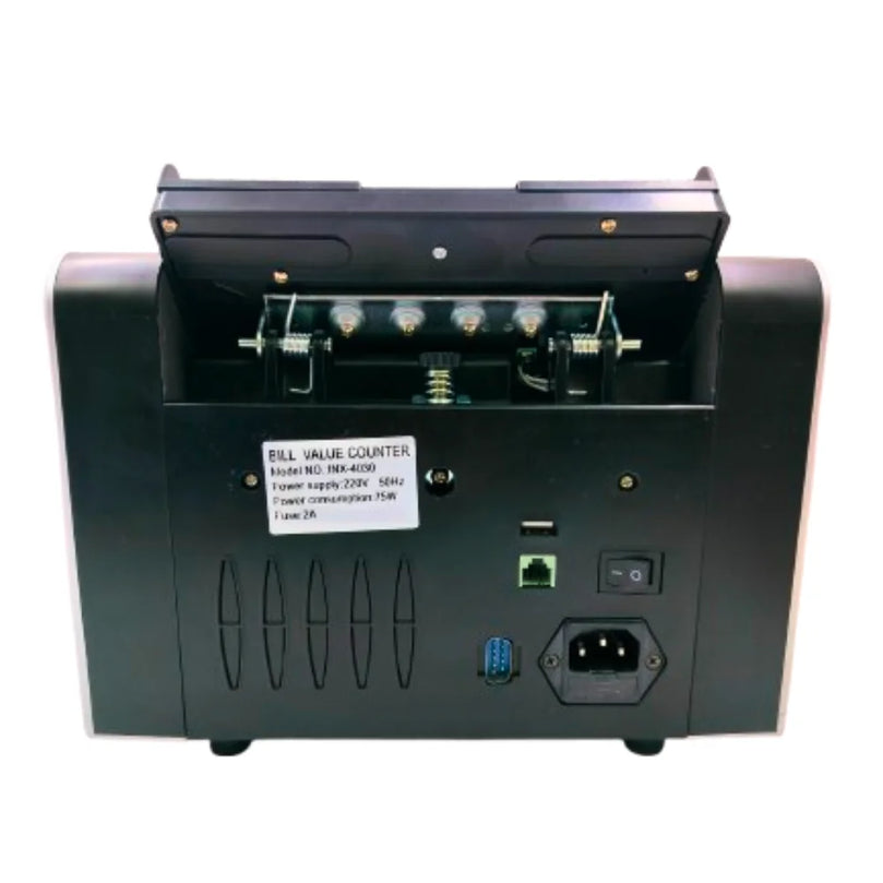 Back view of black Bankomat full value counter machine with power and data ports