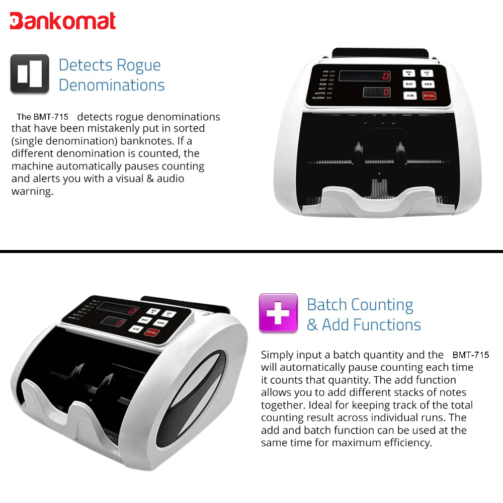 BANKOMAT Money/Currency/Cash/Bill Machine with Fake Note Detection, Batch Mode & Fast Countertop Currency Detector