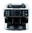Currency counting machine with digital display on a gray background