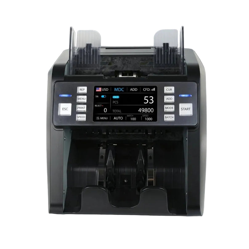 Currency counting machine with digital display on a gray background