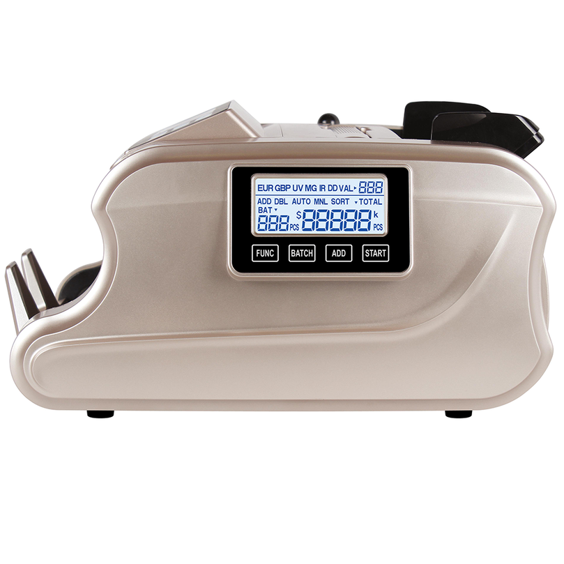 Side view of gold-colored cash counting machine with digital display and control buttons