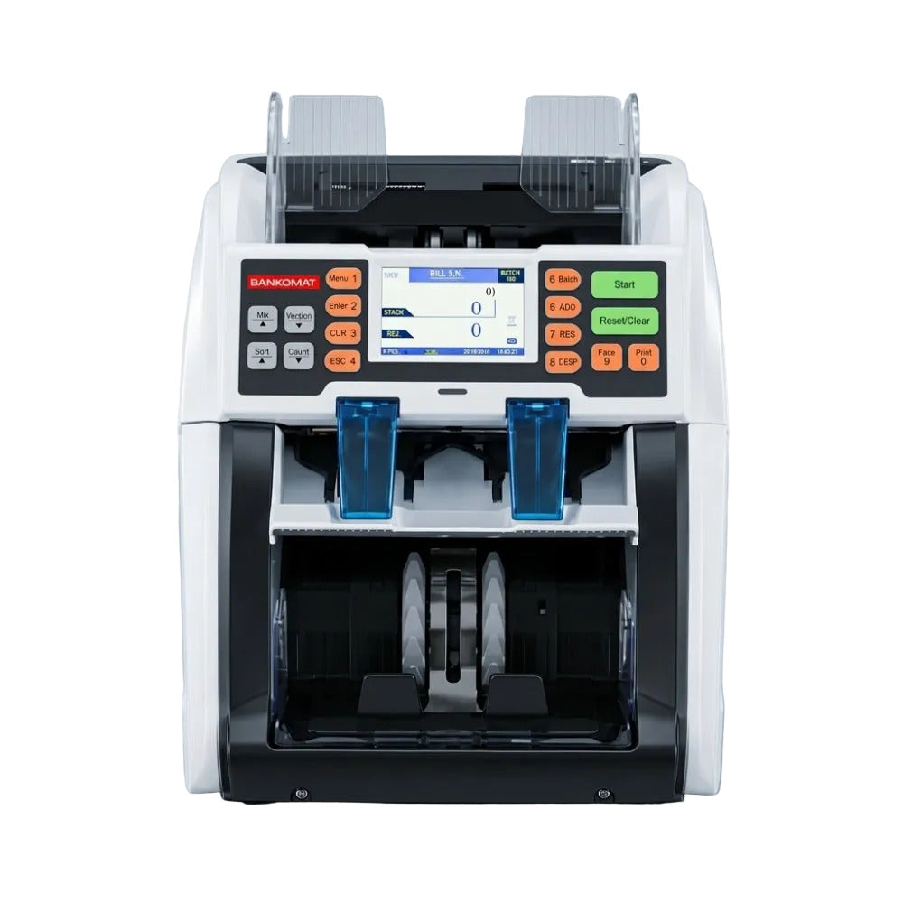 Banknote counting machine on a reflective surface with a gray background
